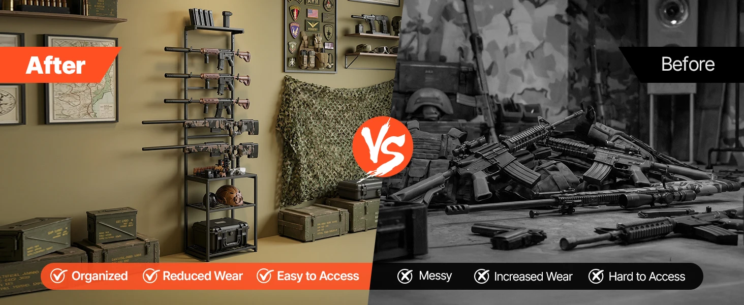 SucceBuy Gun Rack Floor Standing Indoor Rifle Shotgun Rack Stand with Storage Shelf for Wall Mount Gun Display Stand for Garage