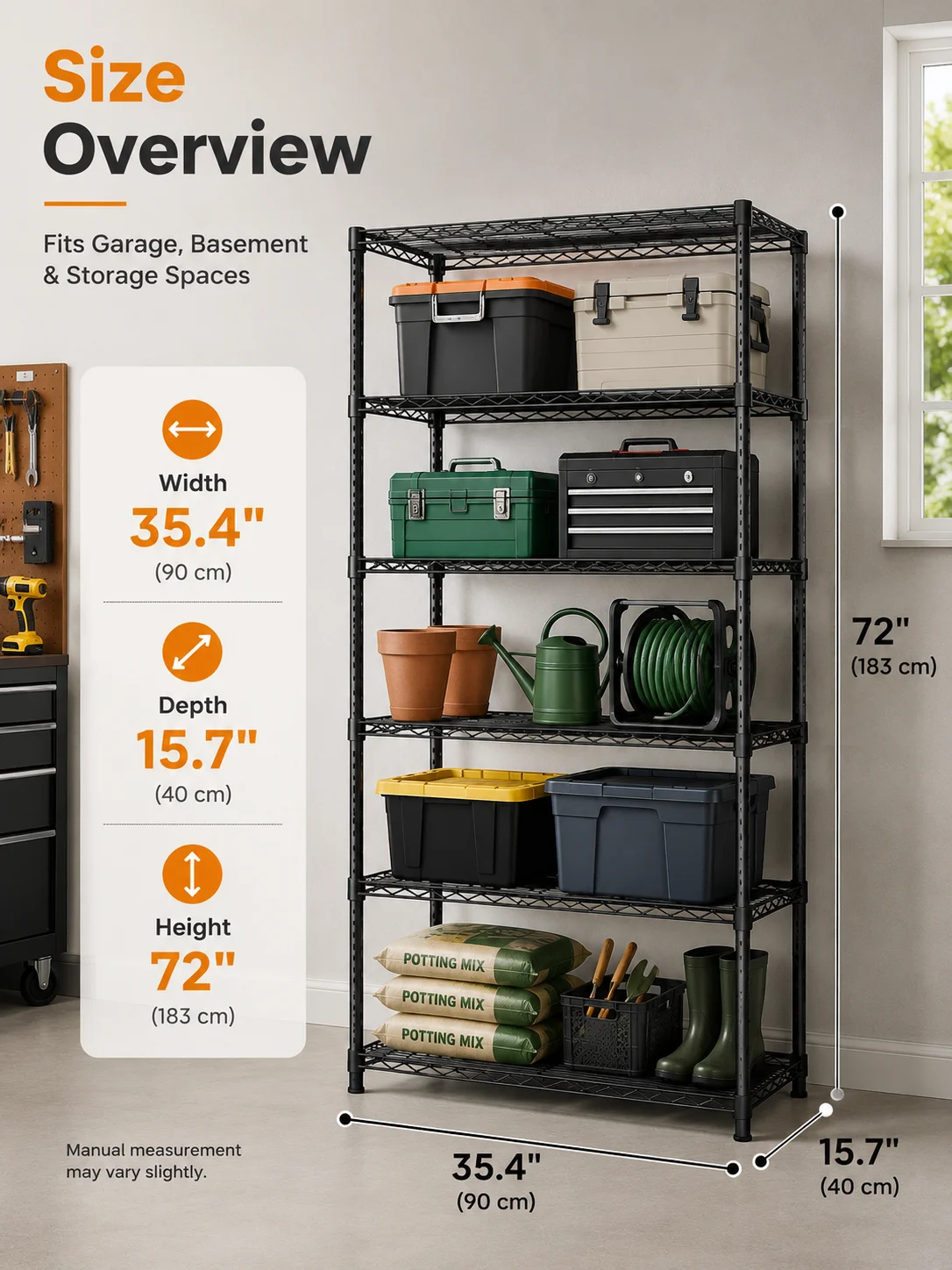 5 Tier Garage Shelving Heavy Duty Adjustable Garage Shelves, 385 LBS Per Shelf Metal Wire Utility Rack Shelf, Shelving Units for Storage Garage Warehouse Pantry Closet, 35.4' W X 15.7' D X 72' H, Black