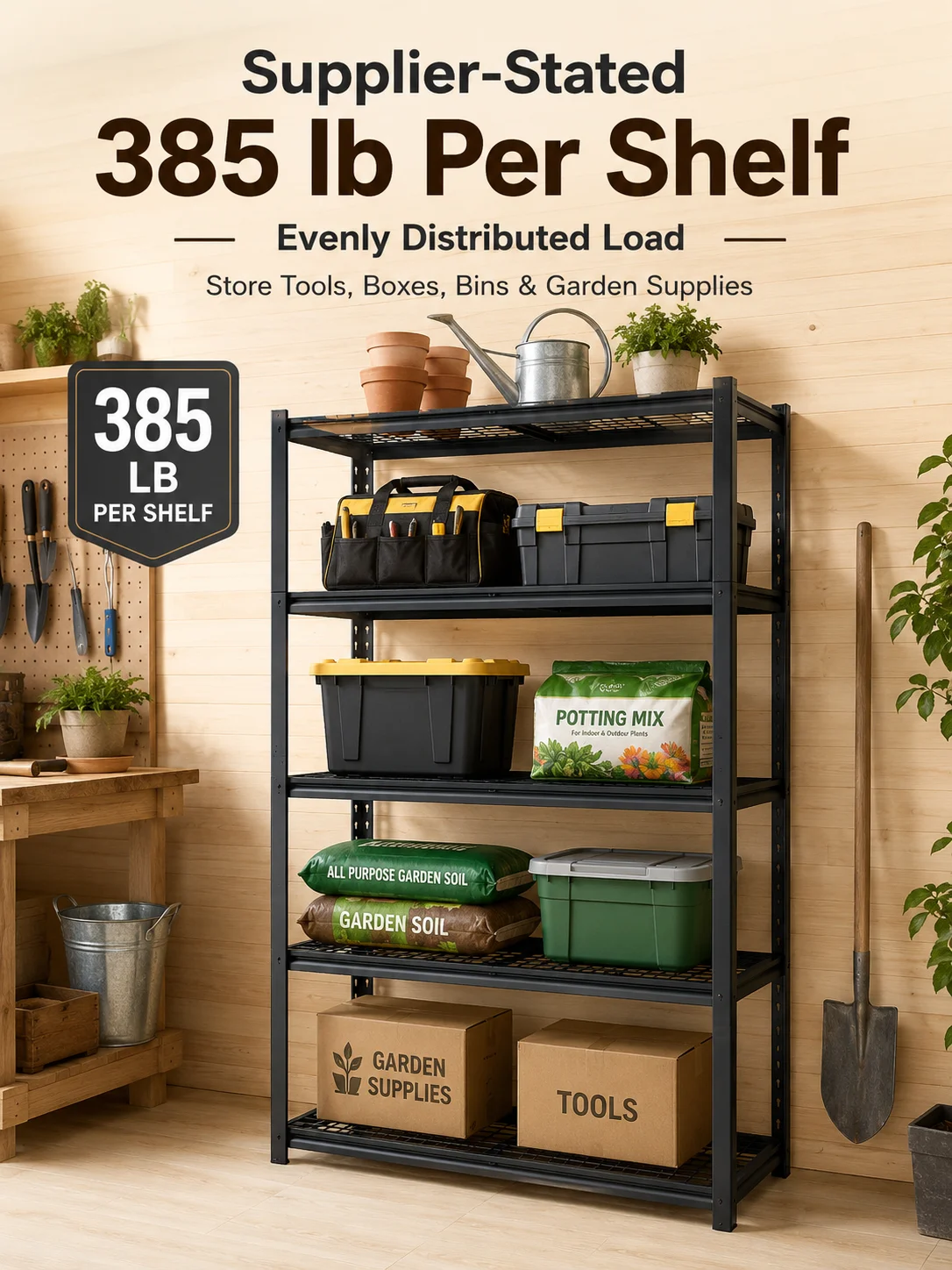 5 Tier Garage Shelving Heavy Duty Adjustable Garage Shelves, 385 LBS Per Shelf Metal Wire Utility Rack Shelf, Shelving Units for Storage Garage Warehouse Pantry Closet, 35.4' W X 15.7' D X 72' H, Black