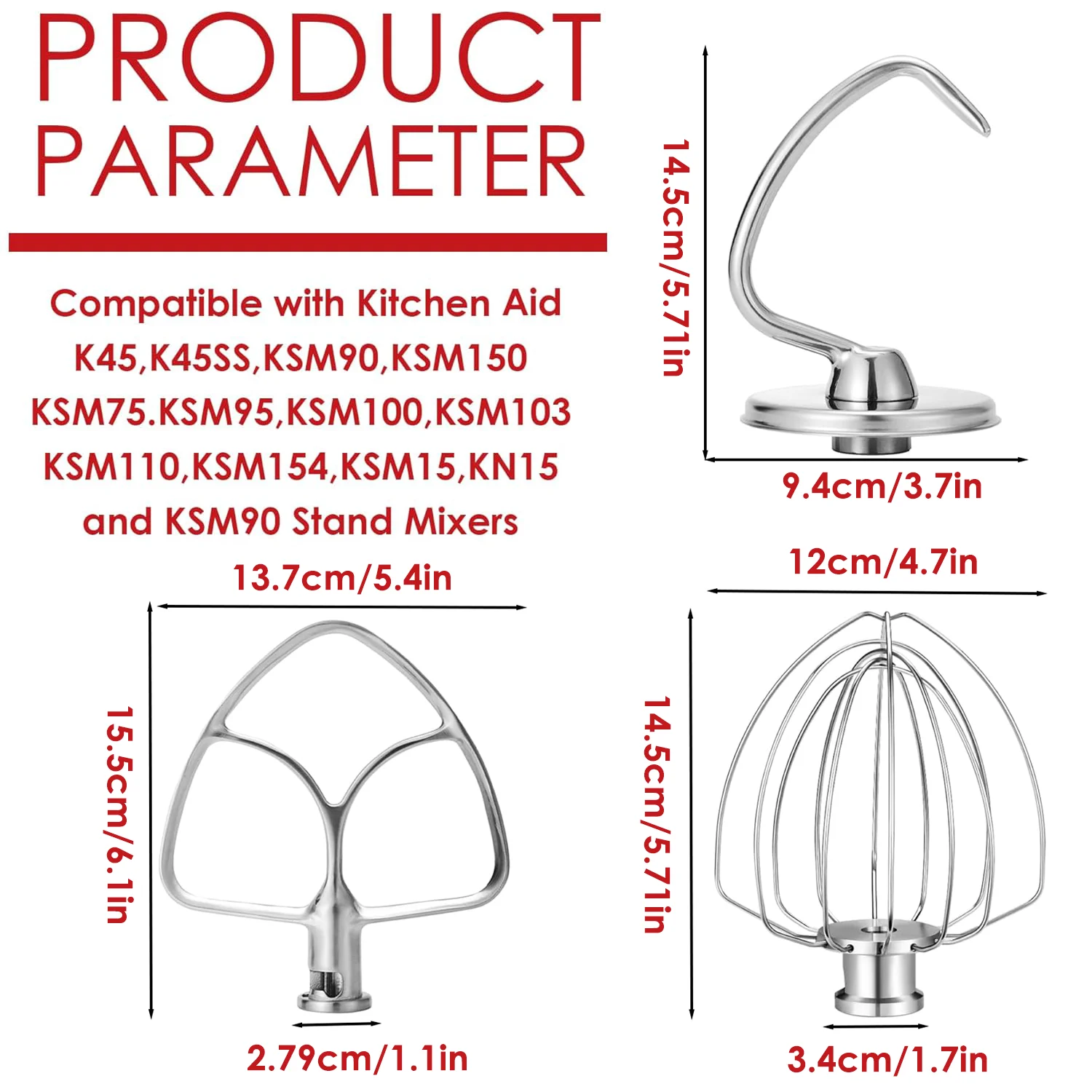 Stainless Steel 3-Piece Mixer Attachment Set for KitchenAid 4.5-5QT Tilt-Head, Flat Beater, Dough Hook, K45WW Wire Whip, Baking Essential Kit