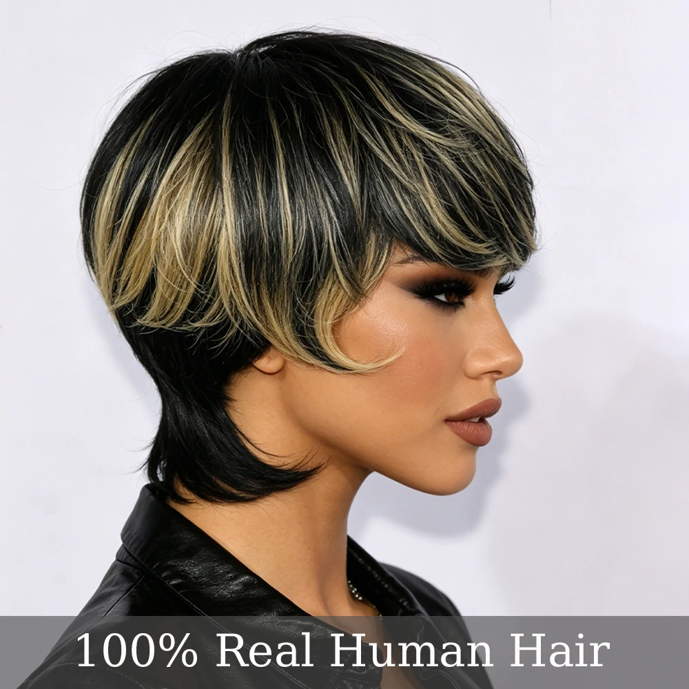 Black Blonde Highlight Layered Mullet Pixie Human Hair Wig with Bangs, Highlighted Black Blonde Feathered Mullet Pixie Cut Wig with Side Swept Fringes, Full Machine Made Spiky Tail Nape Style for Daily Work & Events