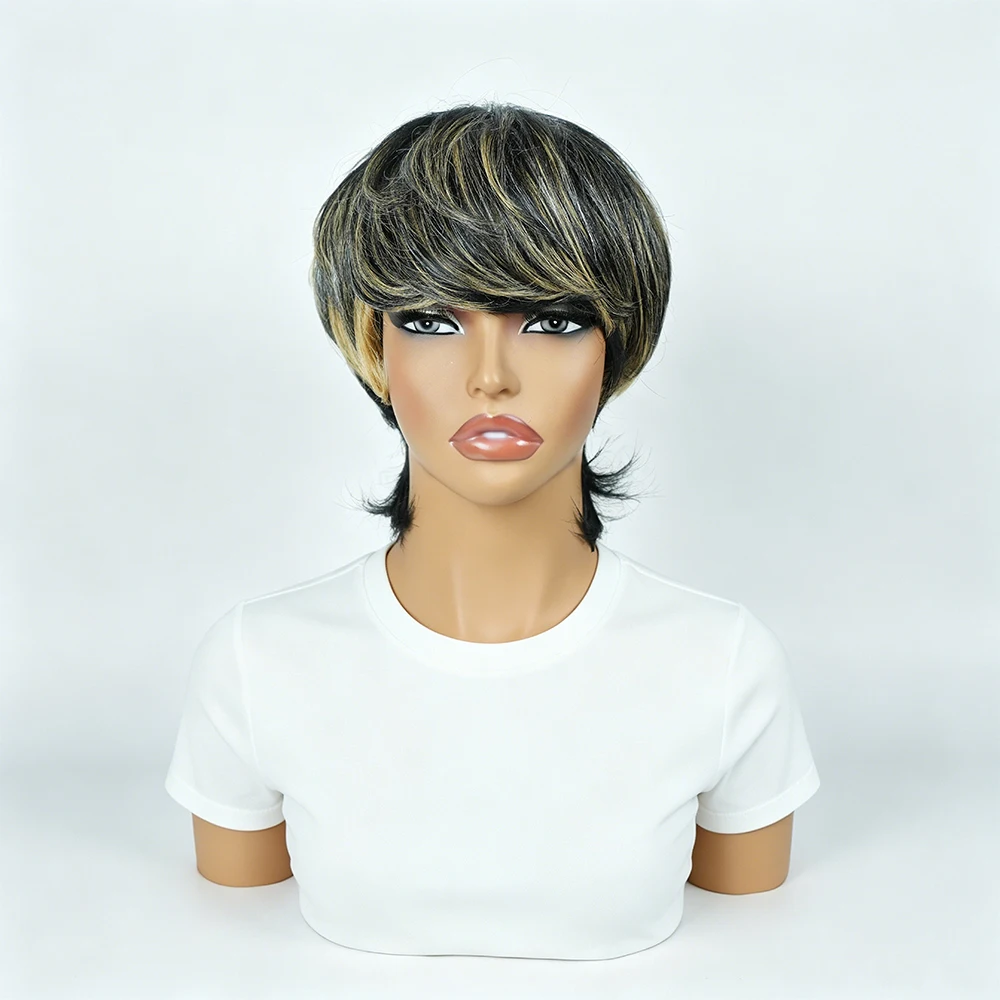 Black Blonde Highlight Layered Mullet Pixie Human Hair Wig with Bangs, Highlighted Black Blonde Feathered Mullet Pixie Cut Wig with Side Swept Fringes, Full Machine Made Spiky Tail Nape Style for Daily Work & Events