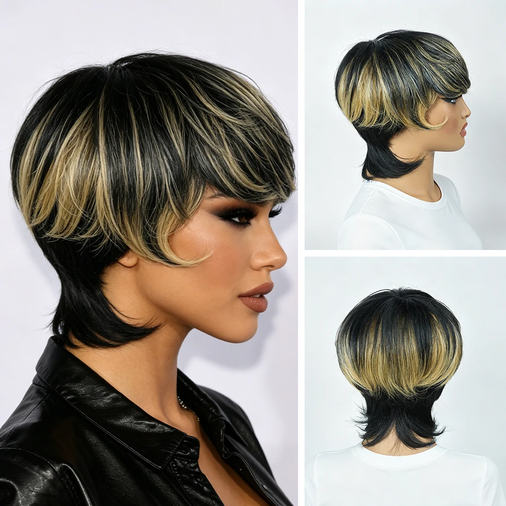 Black Blonde Highlight Layered Mullet Pixie Human Hair Wig with Bangs, Highlighted Black Blonde Feathered Mullet Pixie Cut Wig with Side Swept Fringes, Full Machine Made Spiky Tail Nape Style for Daily Work & Events