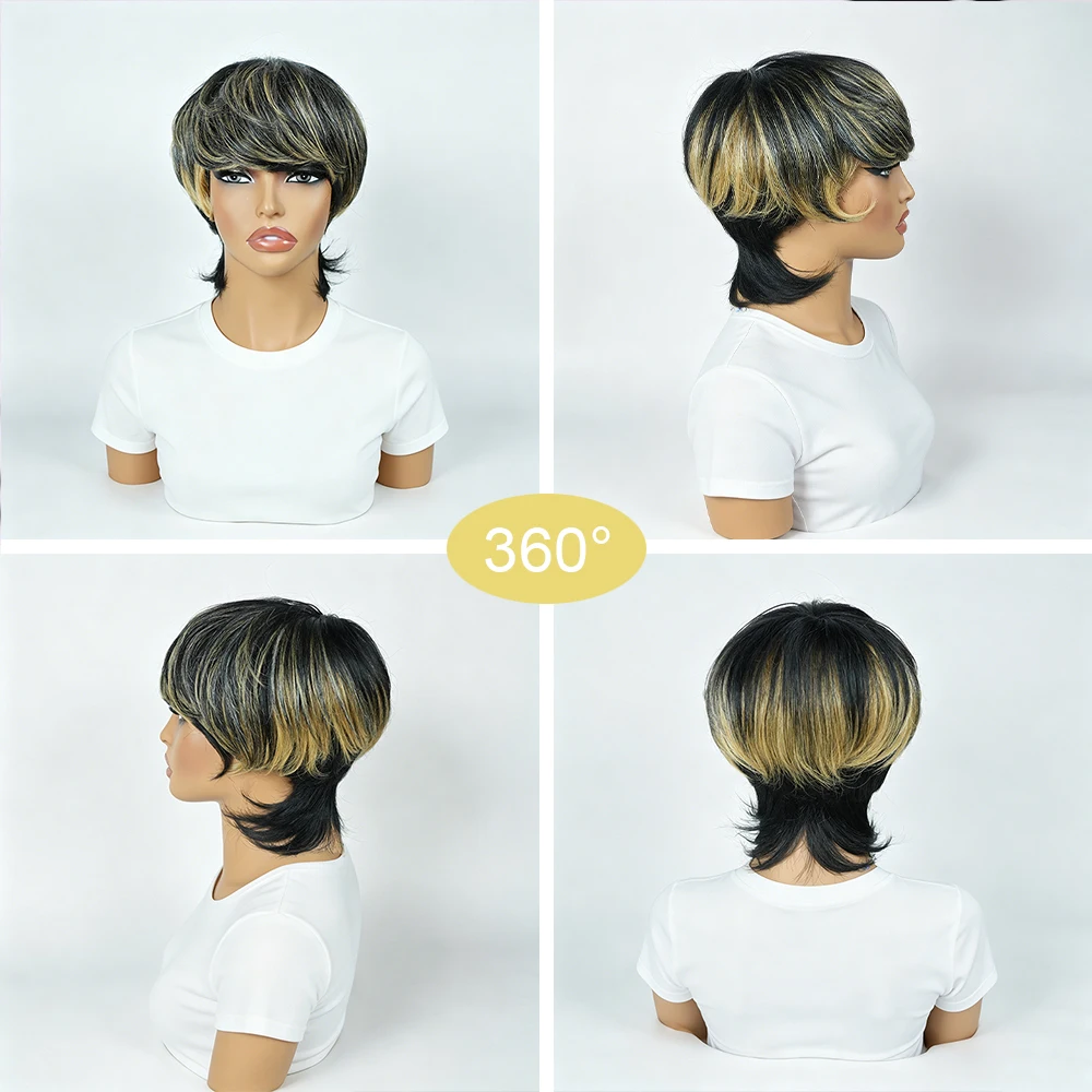 Black Blonde Highlight Layered Mullet Pixie Human Hair Wig with Bangs, Highlighted Black Blonde Feathered Mullet Pixie Cut Wig with Side Swept Fringes, Full Machine Made Spiky Tail Nape Style for Daily Work & Events