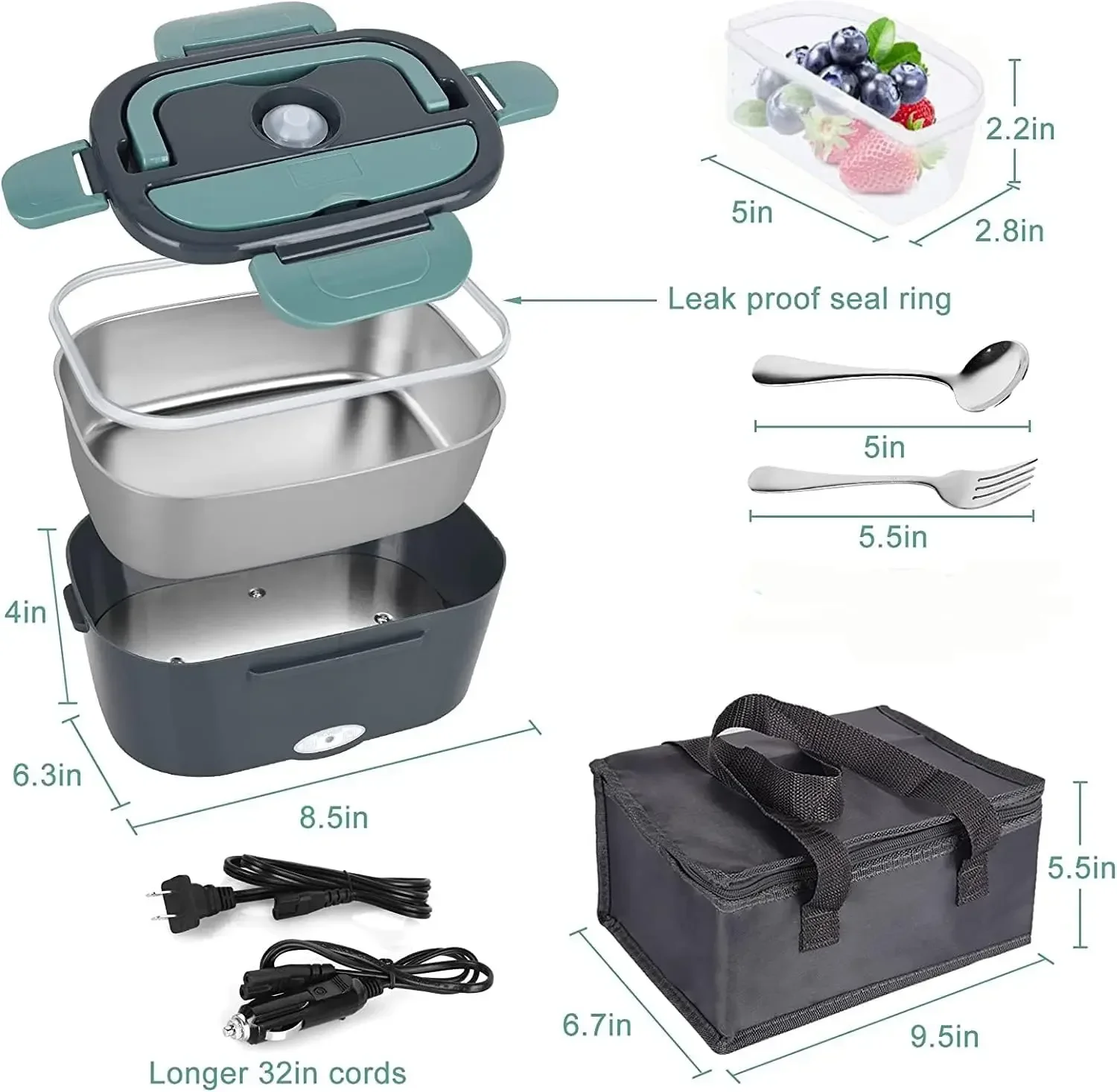 us USA Local Fast Shipping 1.5L Portable Electric Lunch Box, 60W Food Heater for Car & Home, Leak-Proof with Stainless Steel Container, Insulated Heating Student Lunch Box, Hot Waterless Heating Rice Box, 12V/24V Car Plug, Includes Spoon & Leak-Proof Seal