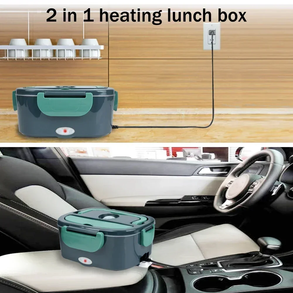 us USA Local Fast Shipping 1.5L Portable Electric Lunch Box, 60W Food Heater for Car & Home, Leak-Proof with Stainless Steel Container, Insulated Heating Student Lunch Box, Hot Waterless Heating Rice Box, 12V/24V Car Plug, Includes Spoon & Leak-Proof Seal