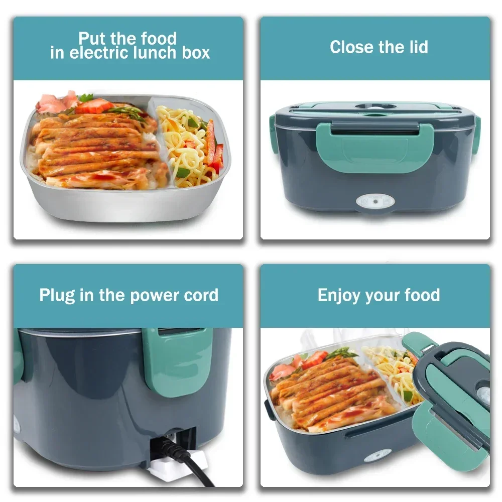 us USA Local Fast Shipping 1.5L Portable Electric Lunch Box, 60W Food Heater for Car & Home, Leak-Proof with Stainless Steel Container, Insulated Heating Student Lunch Box, Hot Waterless Heating Rice Box, 12V/24V Car Plug, Includes Spoon & Leak-Proof Seal