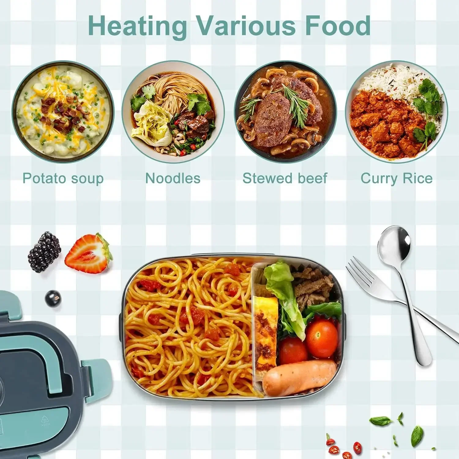 us USA Local Fast Shipping 1.5L Portable Electric Lunch Box, 60W Food Heater for Car & Home, Leak-Proof with Stainless Steel Container, Insulated Heating Student Lunch Box, Hot Waterless Heating Rice Box, 12V/24V Car Plug, Includes Spoon & Leak-Proof Seal