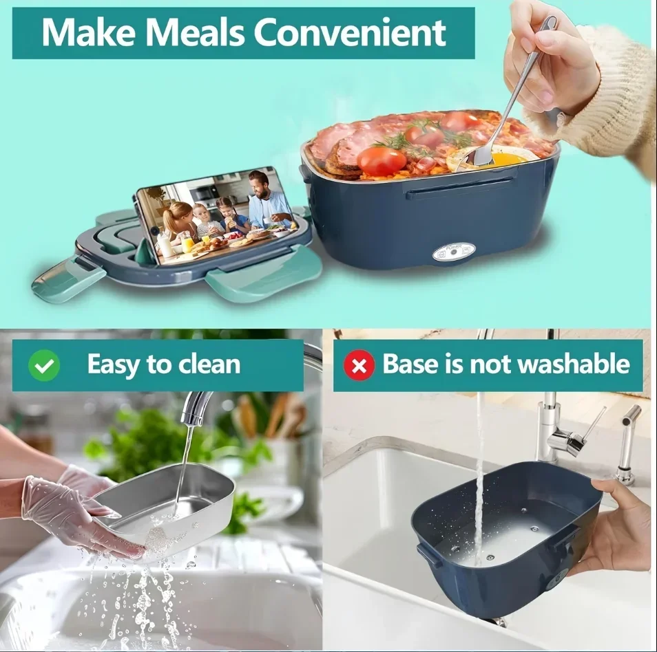 us USA Local Fast Shipping 1.5L Portable Electric Lunch Box, 60W Food Heater for Car & Home, Leak-Proof with Stainless Steel Container, Insulated Heating Student Lunch Box, Hot Waterless Heating Rice Box, 12V/24V Car Plug, Includes Spoon & Leak-Proof Seal