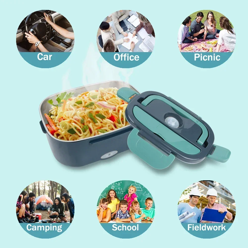 us USA Local Fast Shipping 1.5L Portable Electric Lunch Box, 60W Food Heater for Car & Home, Leak-Proof with Stainless Steel Container, Insulated Heating Student Lunch Box, Hot Waterless Heating Rice Box, 12V/24V Car Plug, Includes Spoon & Leak-Proof Seal