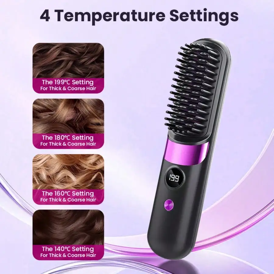Mini Hair Straightener Comb Set Features A Built-In 2000mAh-3600mAh USB Rechargeable Lithium Battery, 10W Negative Ion Heating, Three Adjustable Temperature Settings, And Is A Portable, Heat-Resistant Styling Tool Suitable For Home And Travel