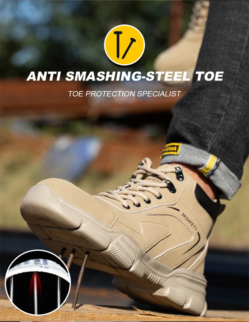 Men's & Women's Brown High-top PU Water Repellent Lightweight Anti-smash Anti-puncture Comfortable Wear Resistant Industrial Construction Work Safety Boots