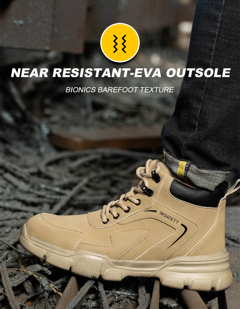 Men's & Women's Brown High-top PU Water Repellent Lightweight Anti-smash Anti-puncture Comfortable Wear Resistant Industrial Construction Work Safety Boots