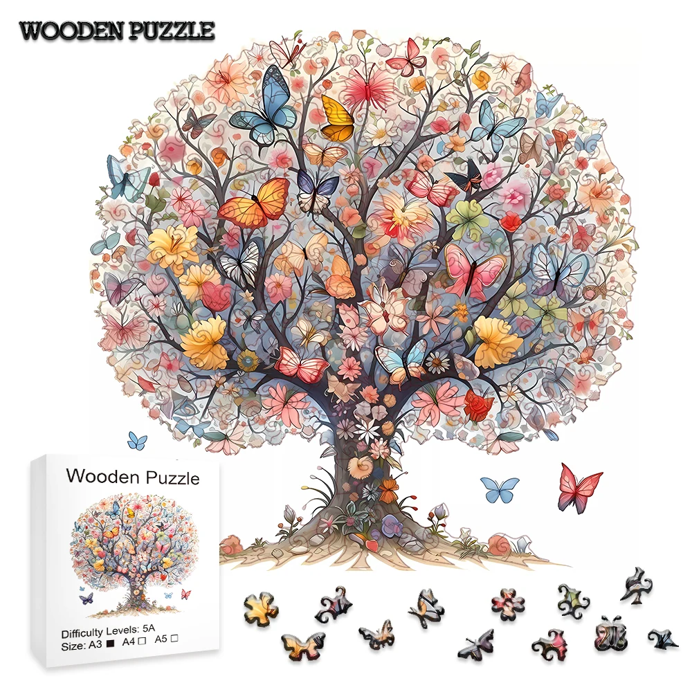 Vibrant Butterfly Flower Tree Wooden Jigsaw Puzzle Unique Irregular Butterfly Shaped Pieces 5A Difficulty Eco Wood Stress Relief Game For Adults Kids Home Wall Decor Birthday Christmas Gift