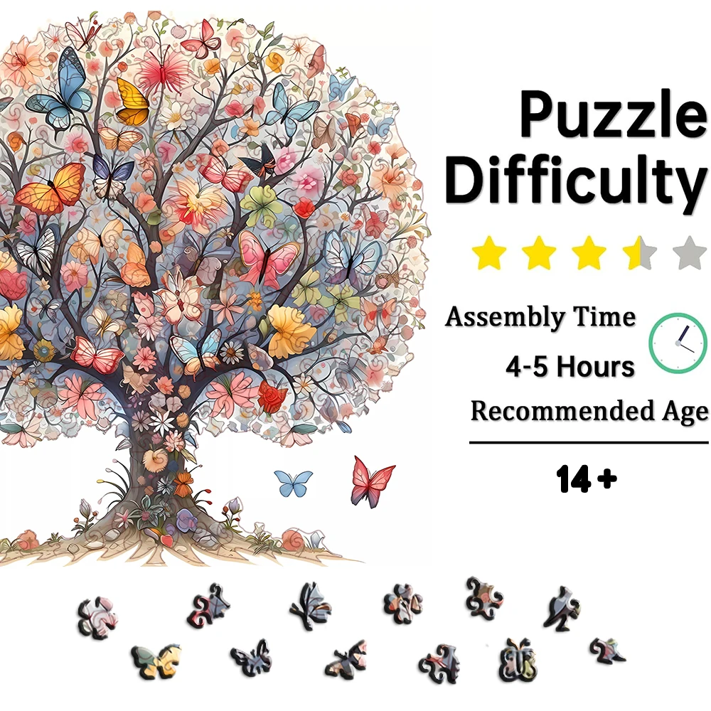 Vibrant Butterfly Flower Tree Wooden Jigsaw Puzzle Unique Irregular Butterfly Shaped Pieces 5A Difficulty Eco Wood Stress Relief Game For Adults Kids Home Wall Decor Birthday Christmas Gift