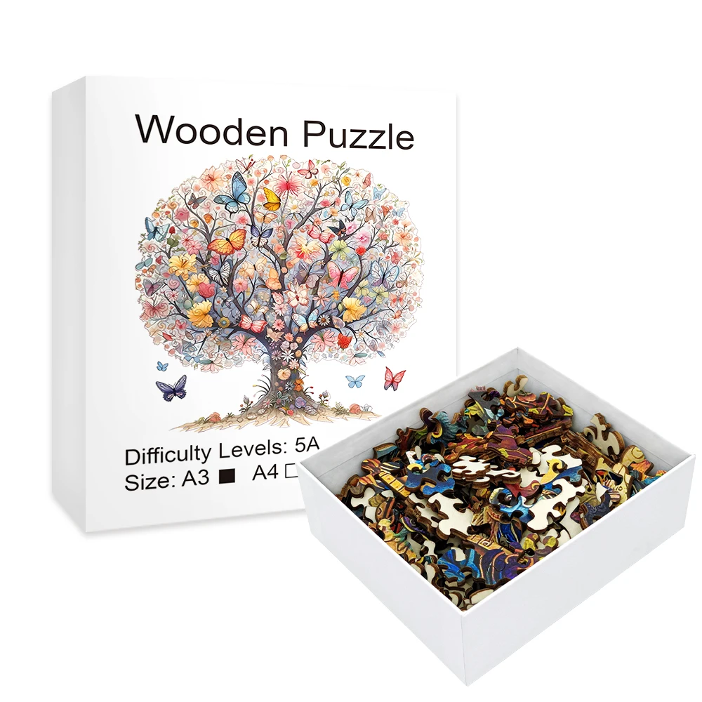 Vibrant Butterfly Flower Tree Wooden Jigsaw Puzzle Unique Irregular Butterfly Shaped Pieces 5A Difficulty Eco Wood Stress Relief Game For Adults Kids Home Wall Decor Birthday Christmas Gift