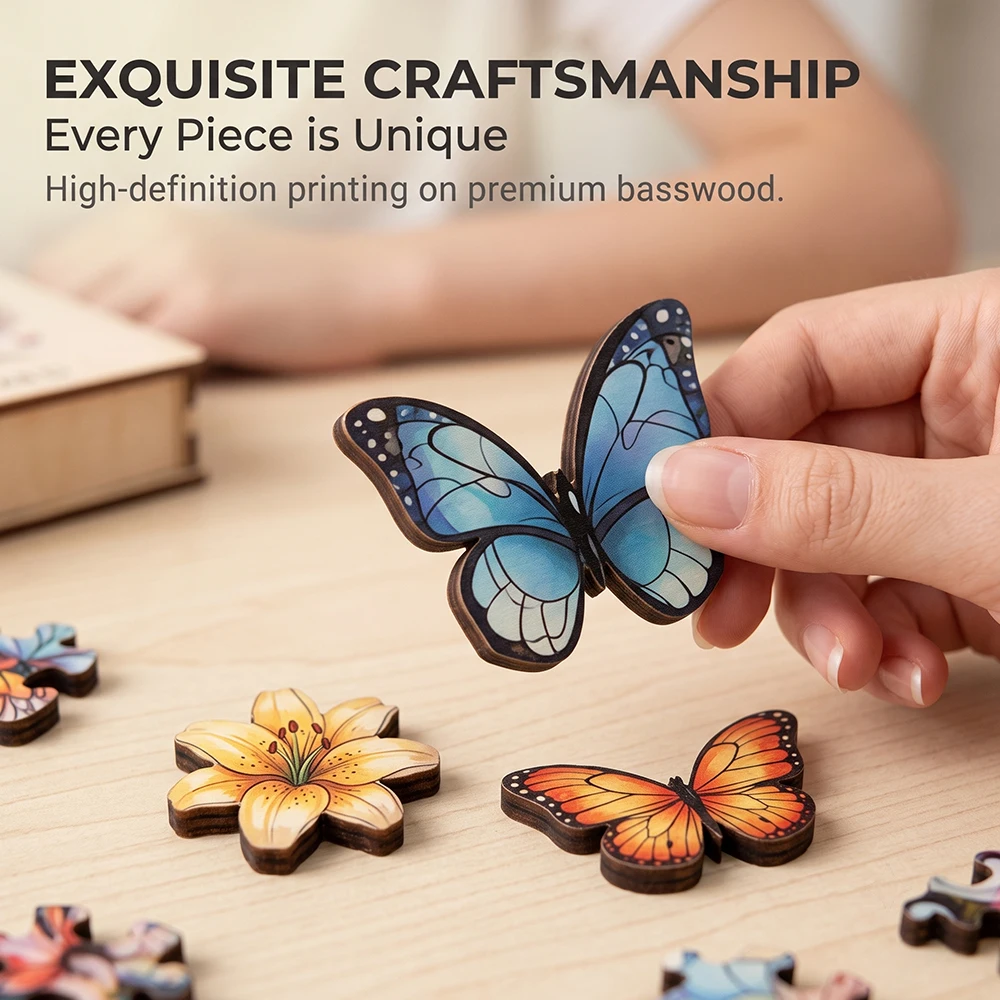 Vibrant Butterfly Flower Tree Wooden Jigsaw Puzzle Unique Irregular Butterfly Shaped Pieces 5A Difficulty Eco Wood Stress Relief Game For Adults Kids Home Wall Decor Birthday Christmas Gift