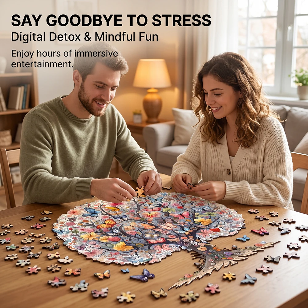 Vibrant Butterfly Flower Tree Wooden Jigsaw Puzzle Unique Irregular Butterfly Shaped Pieces 5A Difficulty Eco Wood Stress Relief Game For Adults Kids Home Wall Decor Birthday Christmas Gift