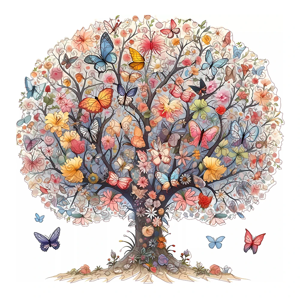 Vibrant Butterfly Flower Tree Wooden Jigsaw Puzzle Unique Irregular Butterfly Shaped Pieces 5A Difficulty Eco Wood Stress Relief Game For Adults Kids Home Wall Decor Birthday Christmas Gift