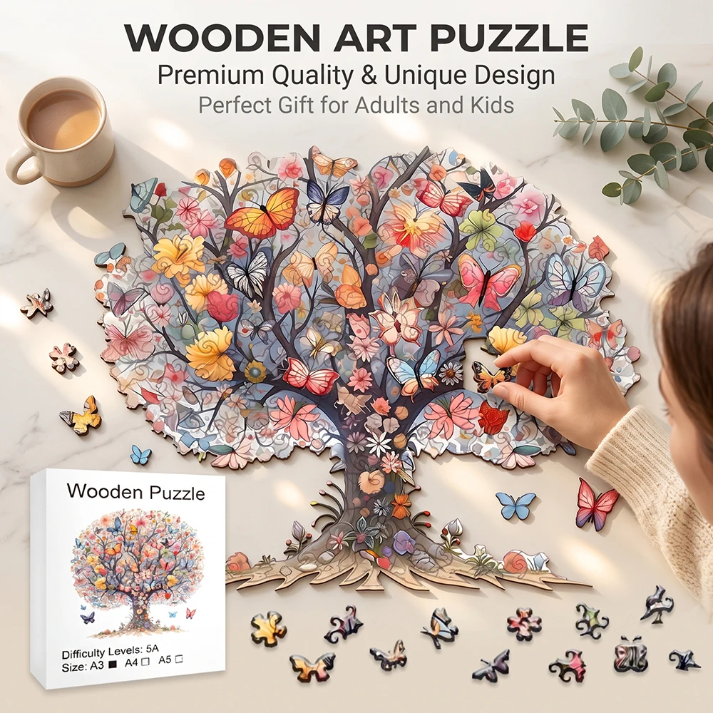 Vibrant Butterfly Flower Tree Wooden Jigsaw Puzzle Unique Irregular Butterfly Shaped Pieces 5A Difficulty Eco Wood Stress Relief Game For Adults Kids Home Wall Decor Birthday Christmas Gift