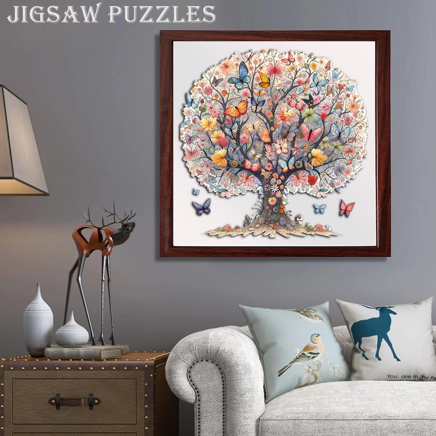 Vibrant Butterfly Flower Tree Wooden Jigsaw Puzzle Unique Irregular Butterfly Shaped Pieces 5A Difficulty Eco Wood Stress Relief Game For Adults Kids Home Wall Decor Birthday Christmas Gift