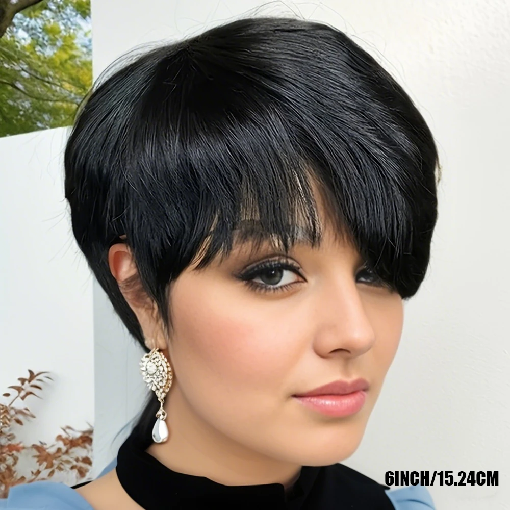 Pixie Cut Wigs Short Human Hair Wigs with Bangs Short Layered Full Machine Made Wig Natural Black Color for Women