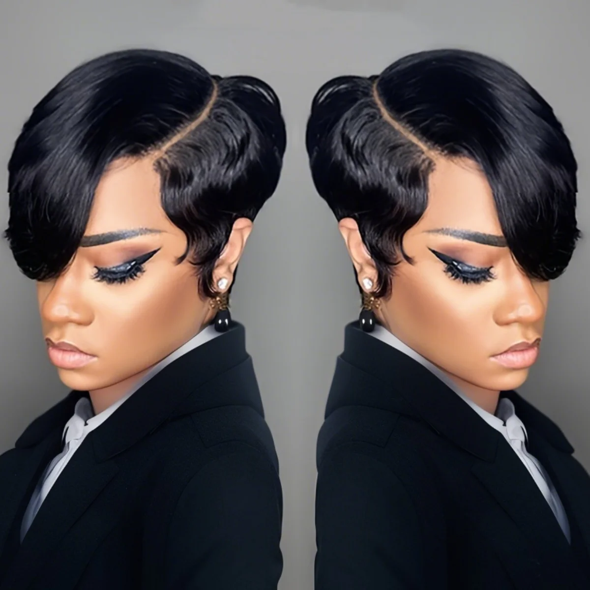 Pixie Cut Wigs Short Human Hair Wigs with Bangs Short Layered Full Machine Made Wig Natural Black Color for Women