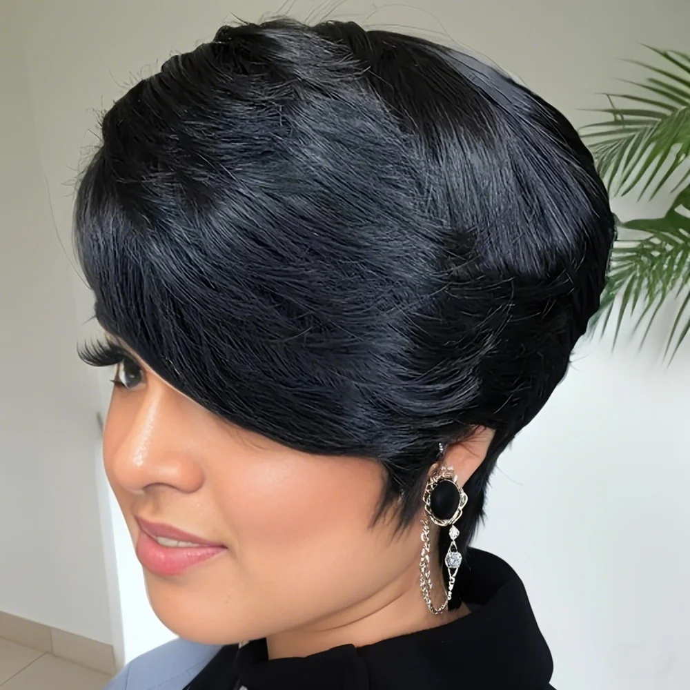 Pixie Cut Wigs Short Human Hair Wigs with Bangs Short Layered Full Machine Made Wig Natural Black Color for Women