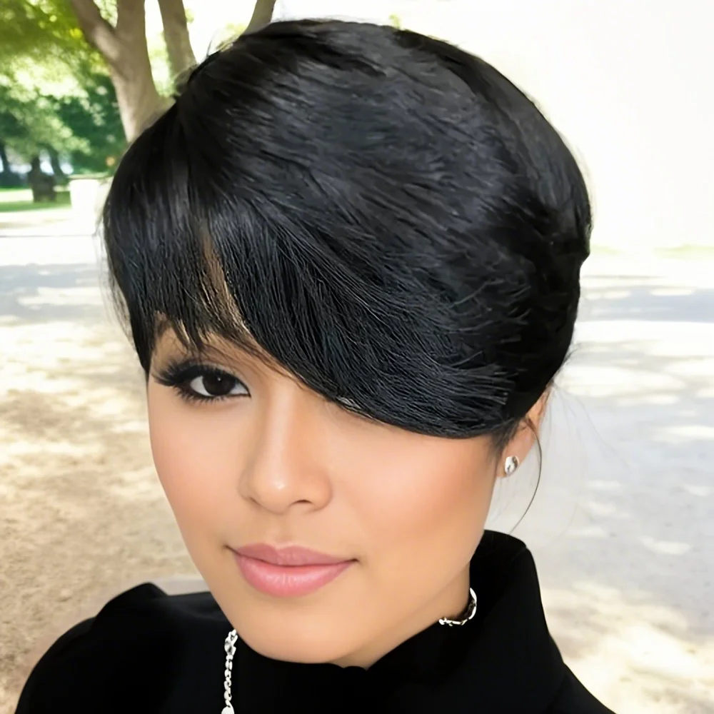 Pixie Cut Wigs Short Human Hair Wigs with Bangs Short Layered Full Machine Made Wig Natural Black Color for Women