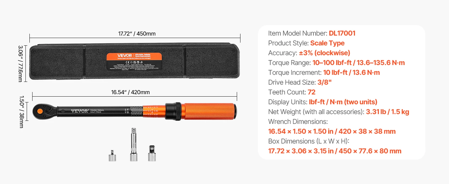 SucceBuy Torque Wrench Set Drive Click Torque Wrench Dual-Direction Adjustable Mechanical Dual Range Scales Torque Wrench Kit
