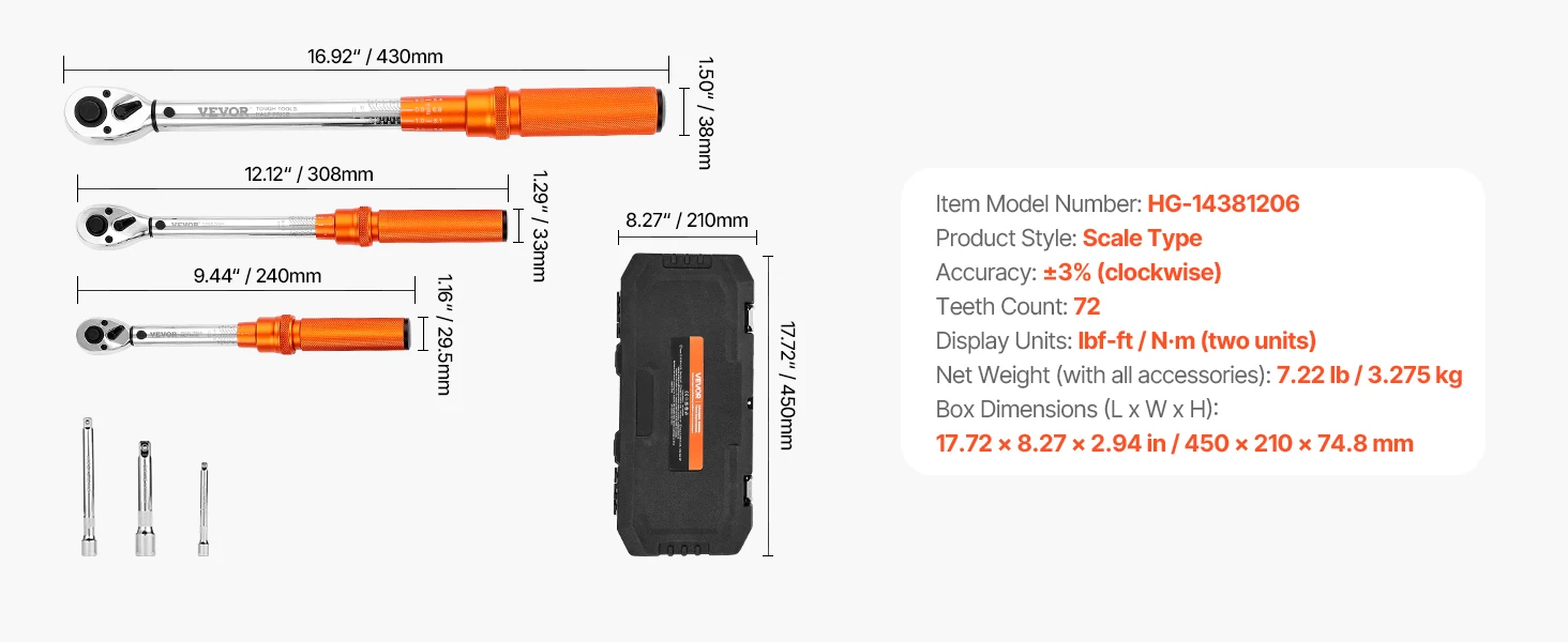 SucceBuy Torque Wrench Set Drive Click Torque Wrench Dual-Direction Adjustable Mechanical Dual Range Scales Torque Wrench Kit