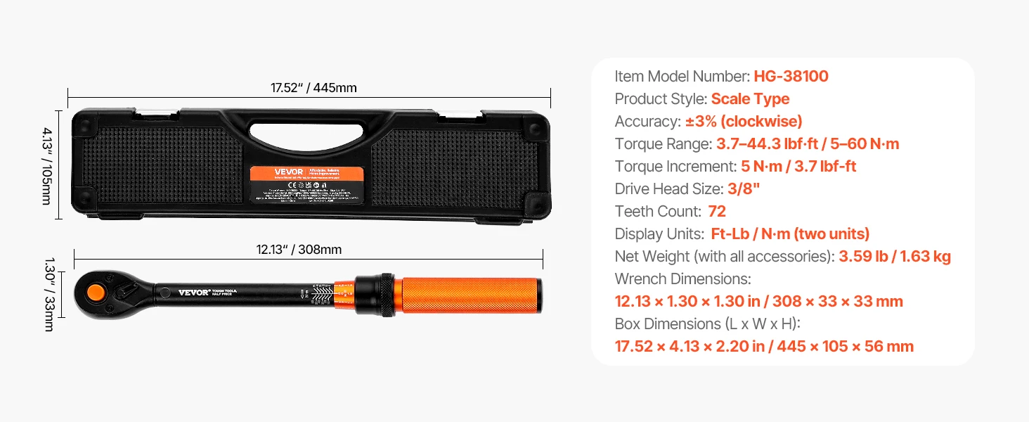 SucceBuy Torque Wrench Set Drive Click Torque Wrench Dual-Direction Adjustable Mechanical Dual Range Scales Torque Wrench Kit