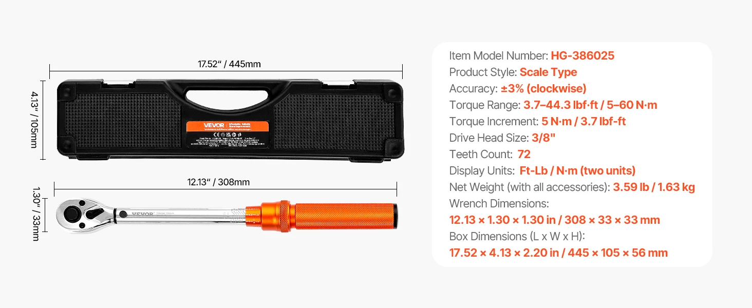 SucceBuy Torque Wrench Set Drive Click Torque Wrench Dual-Direction Adjustable Mechanical Dual Range Scales Torque Wrench Kit