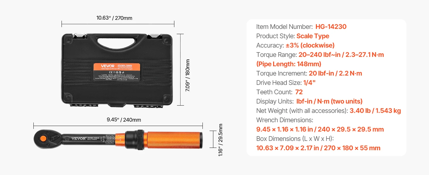 SucceBuy Torque Wrench Set Drive Click Torque Wrench Dual-Direction Adjustable Mechanical Dual Range Scales Torque Wrench Kit