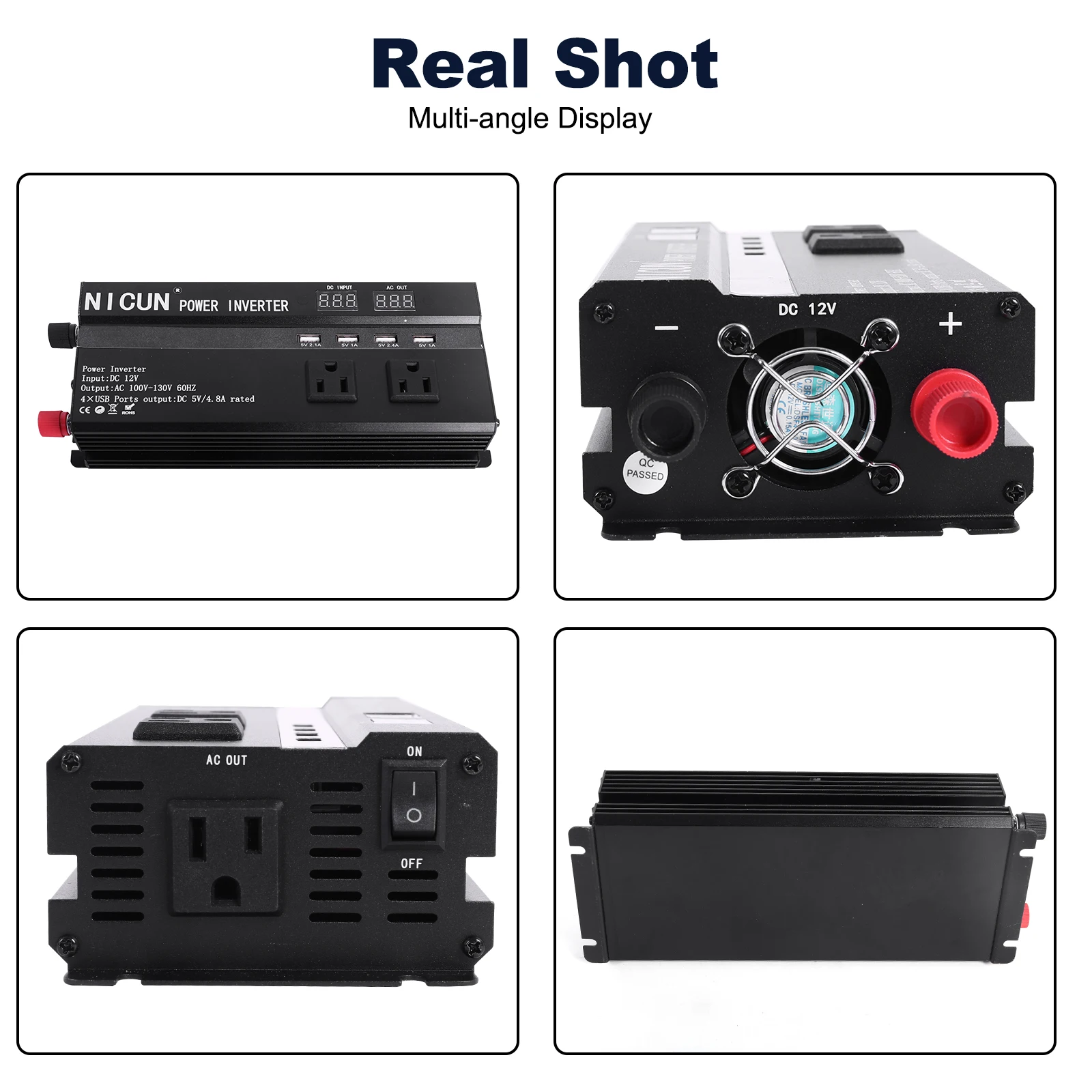 Car Power Inverter Pure Sine Wave DC 12V To AC 110V Solar Power Converter LCD 3 AC Outlets USB Port For Home Outdoor RV Car