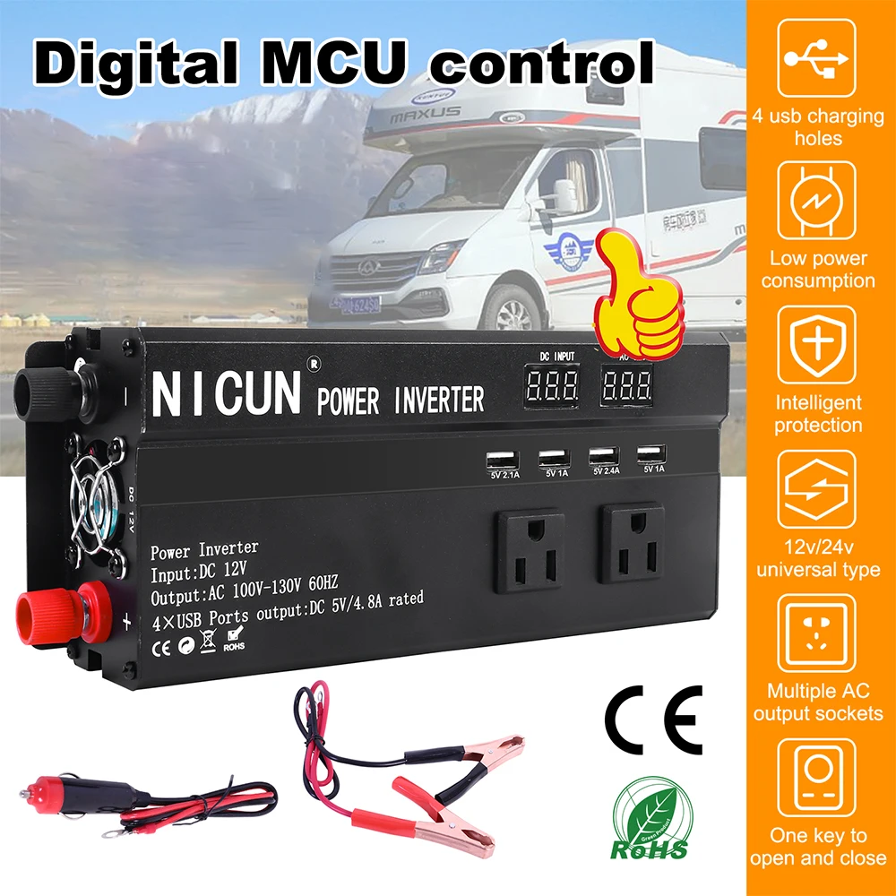 Car Power Inverter Pure Sine Wave DC 12V To AC 110V Solar Power Converter LCD 3 AC Outlets USB Port For Home Outdoor RV Car