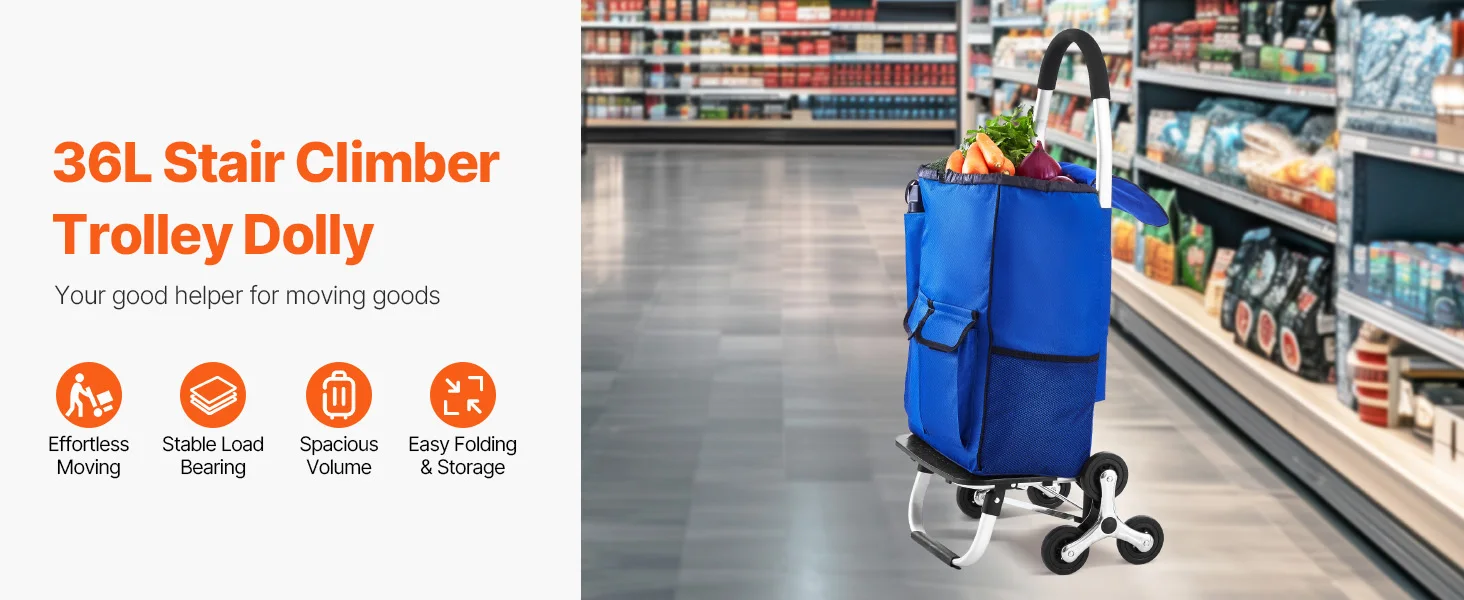 SucceBuy 36L Folding Shopping Cart Stair Climbing Handcart with Wheels & Oxford Cloth Bag Hand Truck for Grocery Laundry Storage