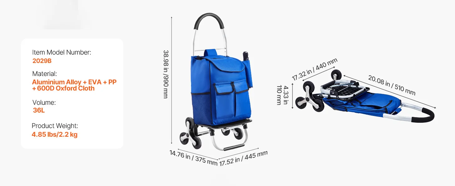 SucceBuy 36L Folding Shopping Cart Stair Climbing Handcart with Wheels & Oxford Cloth Bag Hand Truck for Grocery Laundry Storage