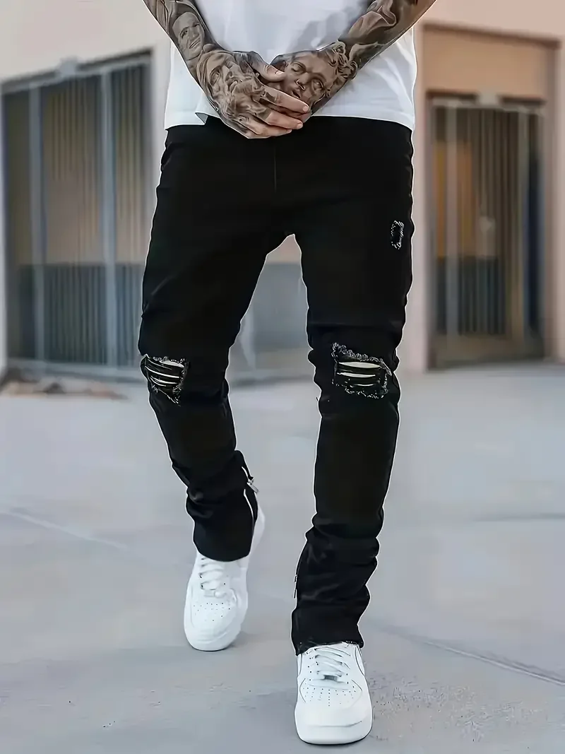 Men's Slim Fit Black Jeans Street Style Cotton Blend Mid-Stretch Ripped Detail All-Season Wear