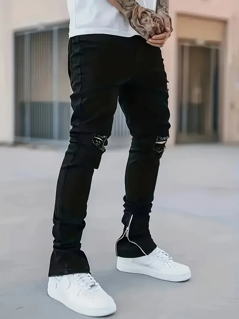 Men's Slim Fit Black Jeans Street Style Cotton Blend Mid-Stretch Ripped Detail All-Season Wear