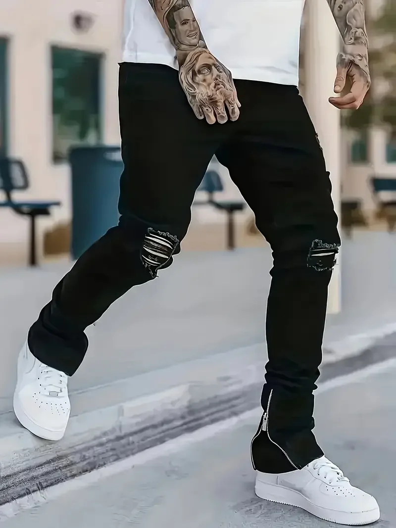 Men's Slim Fit Black Jeans Street Style Cotton Blend Mid-Stretch Ripped Detail All-Season Wear