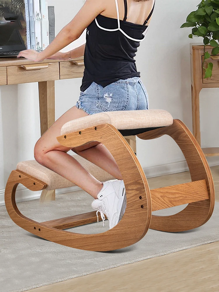 SucceBuy Ergonomic Kneeling Chair Stool W/ Thick Cushion Home Office Chair Improving Body Posture Rocking Wood Computer Chair