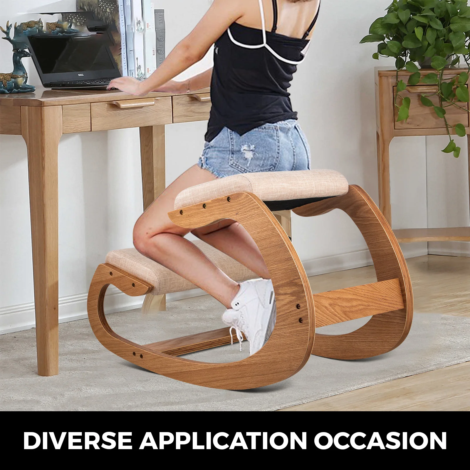 SucceBuy Ergonomic Kneeling Chair Stool W/ Thick Cushion Home Office Chair Improving Body Posture Rocking Wood Computer Chair
