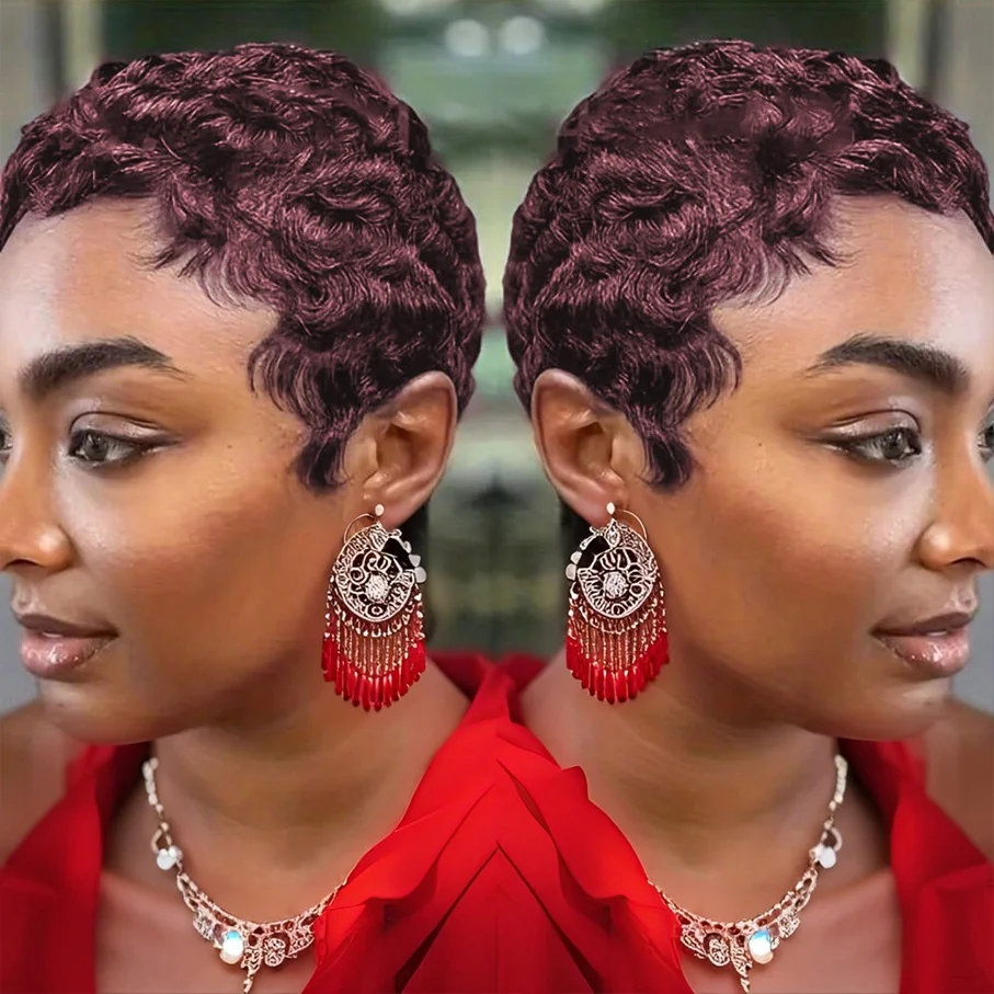 Short Pixie Cut Straight Human Hair Wig with Bangs 180% Density Brazilian Wig Basics Style Full Machine Made