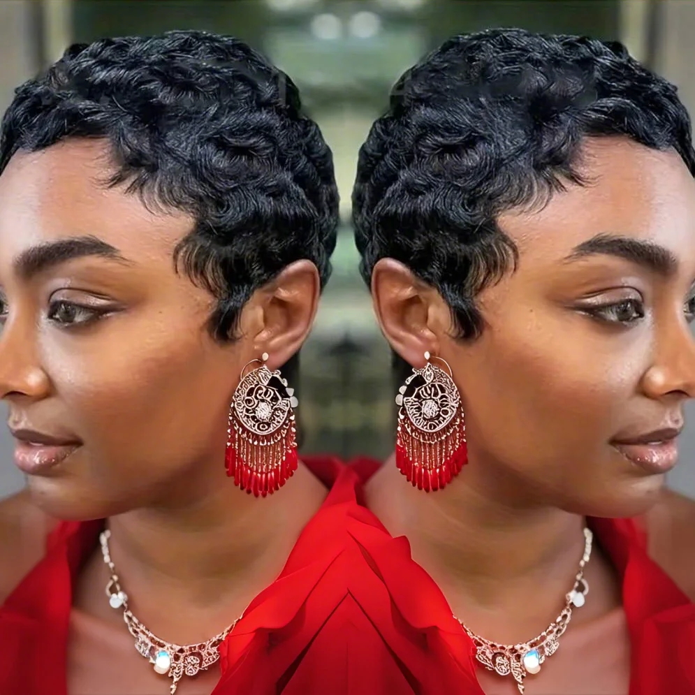 Short Pixie Cut Straight Human Hair Wig with Bangs 180% Density Brazilian Wig Basics Style Full Machine Made
