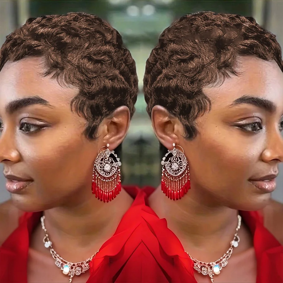 Short Pixie Cut Straight Human Hair Wig with Bangs 180% Density Brazilian Wig Basics Style Full Machine Made
