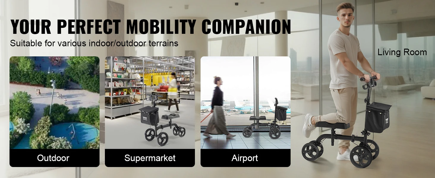 SucceBuy Folding Knee Scooter Carbon Steel Steerable Knee Walker w/ Height-Adjustable Handlebar All-Terrain Solid Wheels Scooter