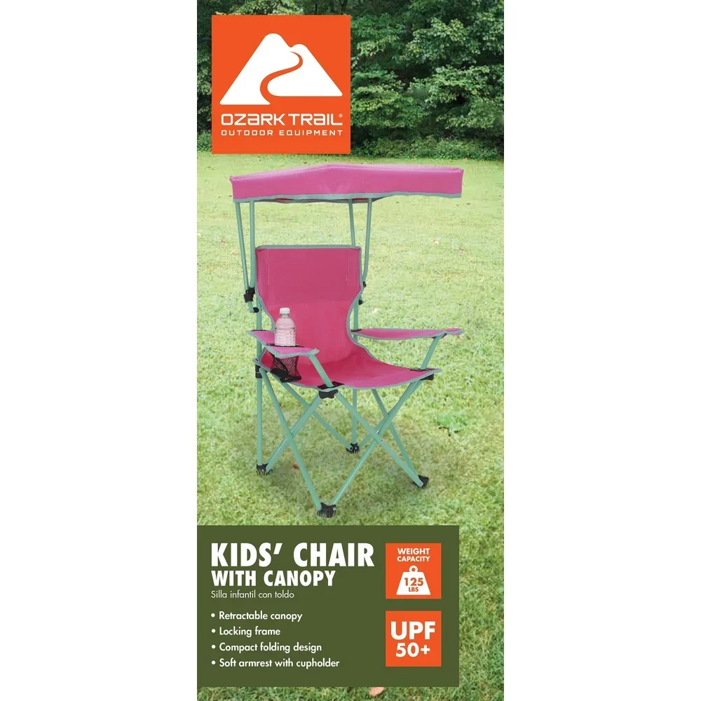 Kids Canopy Camp Chair Safety Lock Portable Outdoor Chair with Canopy Adjustable Sunshade Cup Holder Kids 125lb Capacity