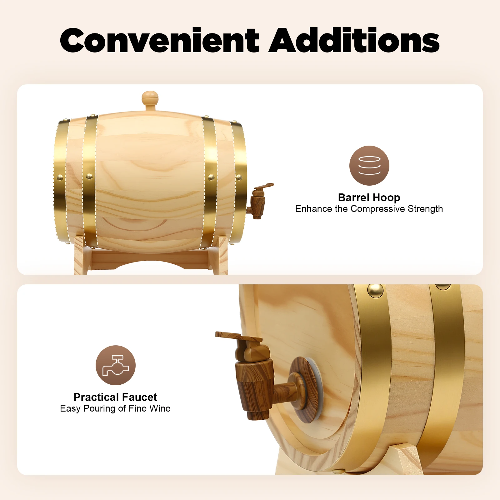 5L Pine Wine Barrel, Wine-Barrel, Wood Wine Container with Stand Faucet for Home Wine Cellar, Whiskey