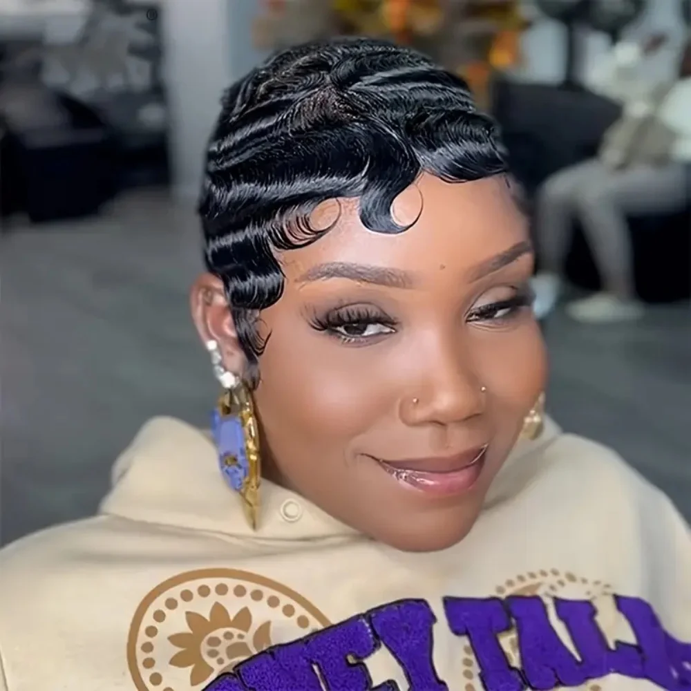 Finger Wave Wig Brazilian Short Pixie Cut Wig Human Hair Wigs Really Cute Finger Waves Hairstyles For Women Full Machine Made Wi